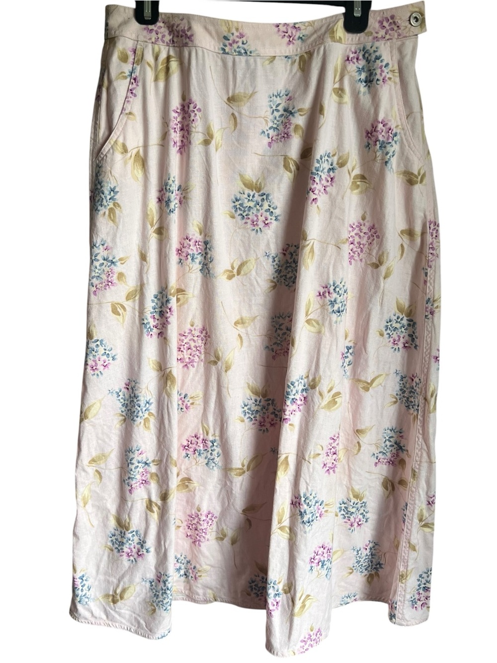 Liz Claiborne Linen Blend Floral Midi Skirt Sz 14 Pink Cottagecore Pockets READ